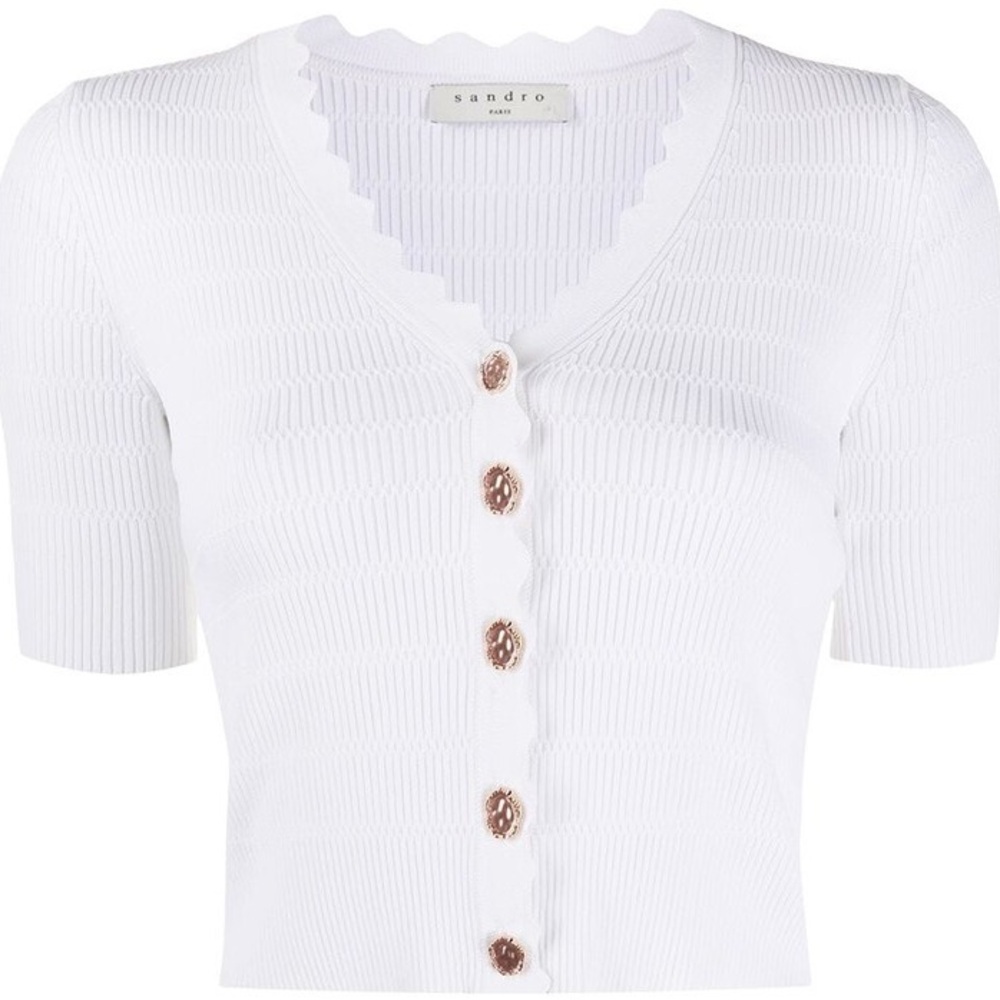 Sandro Short-Sleeve Cropped Cardigan White Button Down Knit Top